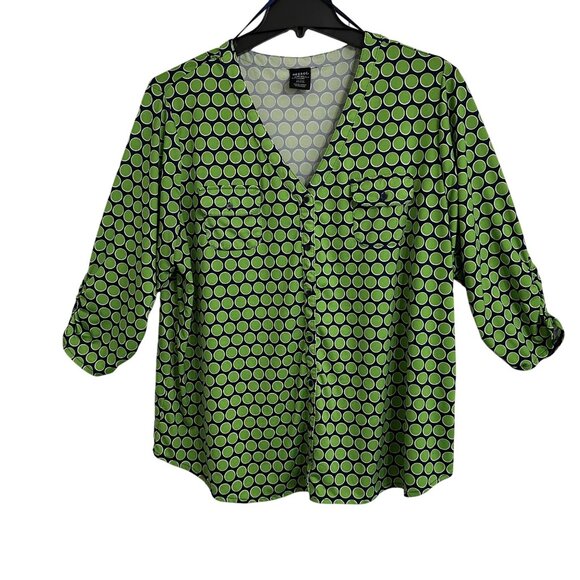 George Tops - George Green & Blue Polka Dot Womens 3/4 Sleeve Button Up Blouse SZ 22W-24W